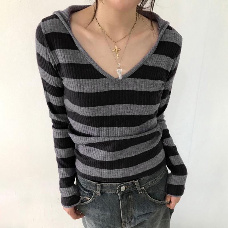 

Hooded V-neck Striped Simple Casual Contrasting Short Top Versatile Slim and Thin Long Sleeves S чорний