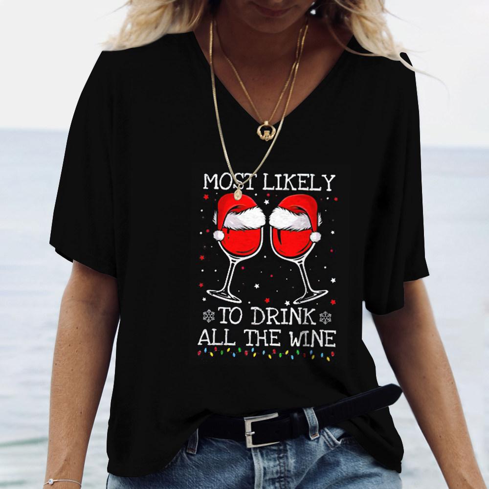 Weihnachts- Weinglas Muster Druck Damen V-Ausschnitt T-Shirts Lässiger Kurzarm Pullover T-Shirt Mode Oberteile Damen T-Shirts Kleidung