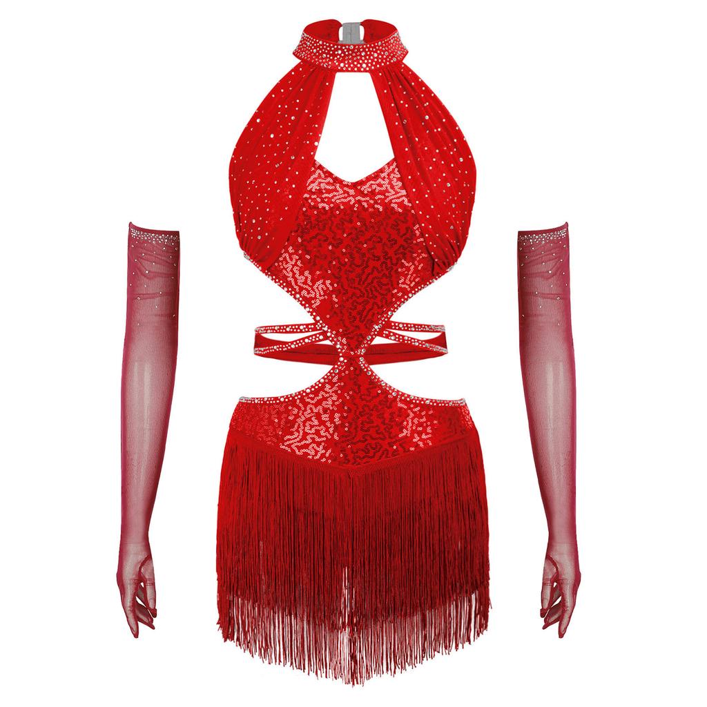 Damen Latin Dance Fransenkleid Cutout Ärmellos Träger Taille Quasten Saum Paillettenkleid mit Langen Handschuhen