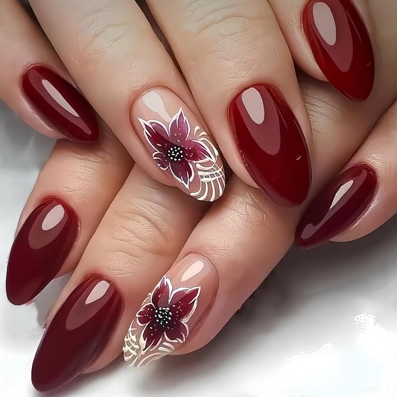 Fall Leaf Press On Nails Thanksgiving Fake Nails with Rhinestones Design Long Almond Autumn Acrylic Nail Glossy Maple Leaves Glue On Nail for Women