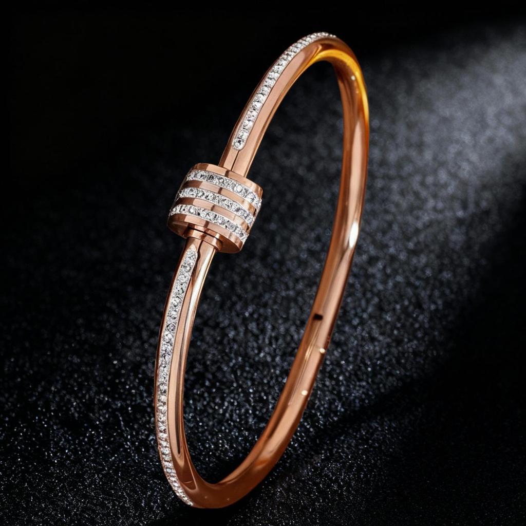 18K Gold-Plated Stainless Steel Bracelet for Girls & Women with Diamond Inlay - Retro Stackable Design