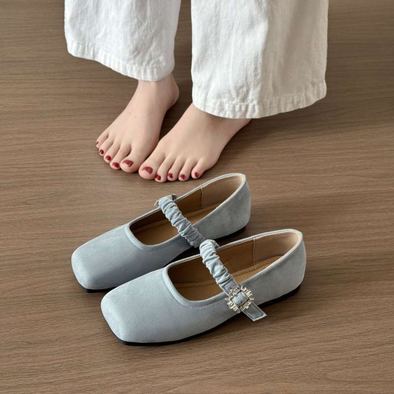 

French square head Mary Jane shoes light mouth suede soft sole non-slip spring flat 2025 single shoes new skirt shoes 40 светло-синий