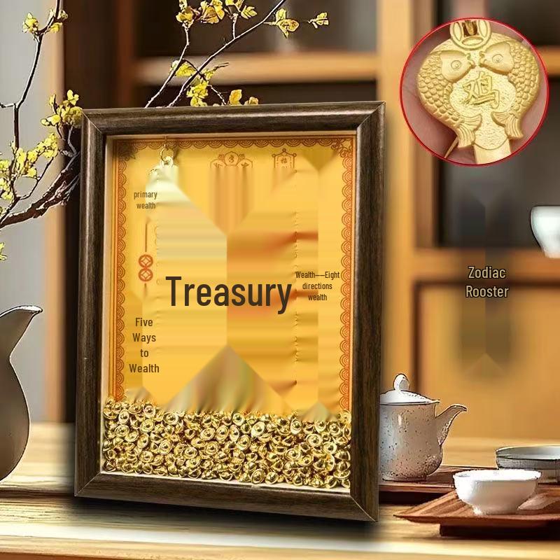 Yellow Dzambhala Wealth Photo Frame Ornament with Twelve Zodiac Animals for Desk Attraction