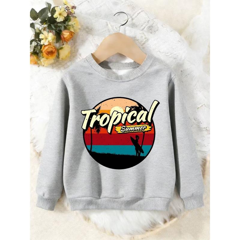 Unisex Kids Crewneck Sweatshirt, Vintage Tropical Summer Surf Palm Tree Sunset Pullover, Boys Girls Beach Casual Sweatshirt For Kids Over 4 Years Old