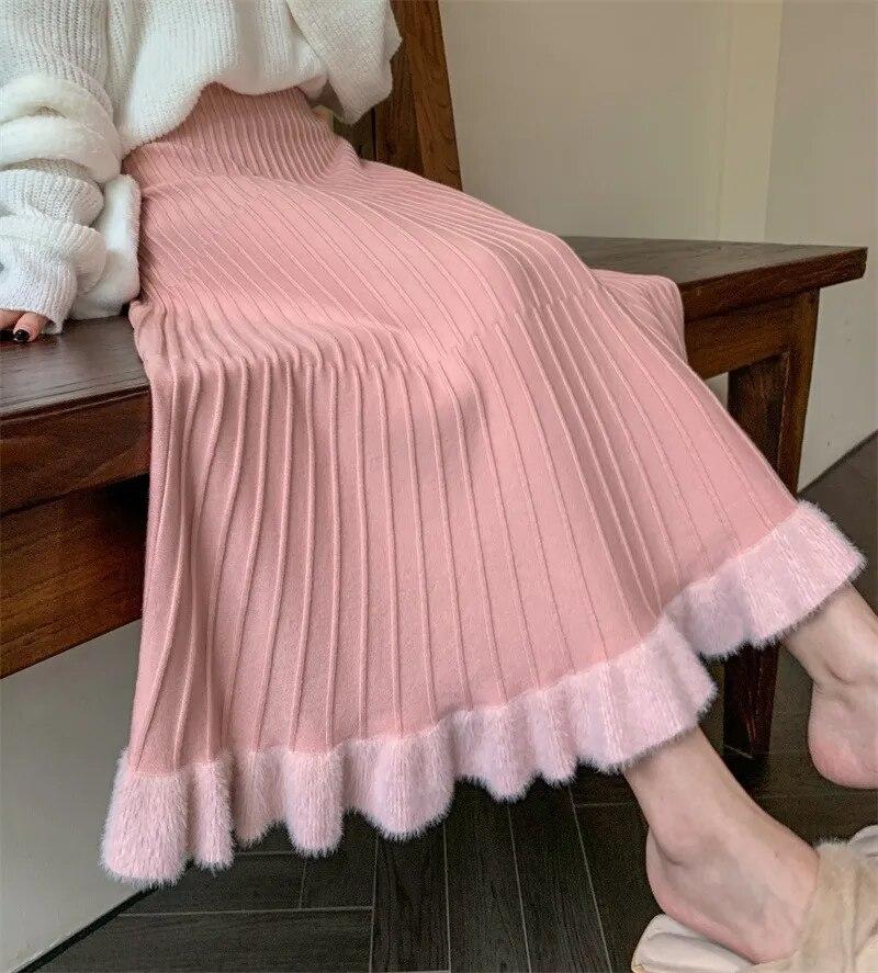 Qooth Women Warm Pleated A-line Skirt Elegant All Match Umbrella Skirt For Autumn Winter QT2272