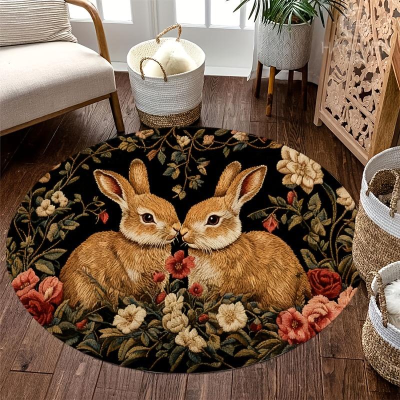 1Pcs Retro Oil Painting Style Bunny Round Carpet Soft Non-Slip Area Rug Colorful Floral Mat for Bedroom Entryway Decor