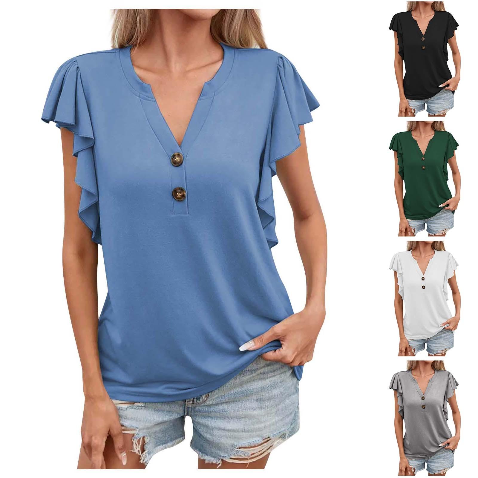 

Women s Summer Short Sleeves Button V Neck Loose Casual Solid Color Casual Comfy Tops XL чорний