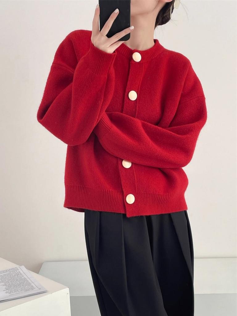 Design Sense Single-breasted Solid Color Knitted Sweater Women's Spring Coat Cardigan Lazy Loose Crew Neck Top