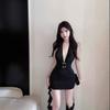 Be careful with the inner battle skirt, deep V-neck lace-up neck dress, women's pure desire sexy backless streamer hip-wrapped short skirt
