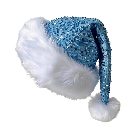 Christmas Decoration for Holiday Events Sparkly Santa Hat Women Men, Glitter Sequin with White Fluffy Trim Gift Friends Family And Pom Pom,