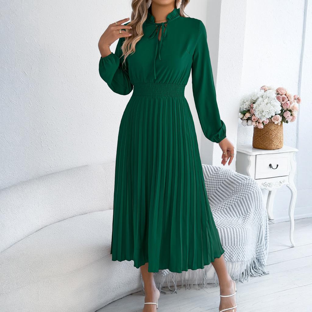 Women's Fashionable Casual Loose-Fit Tie-Waist Bell-Sleeve Pleated Dress