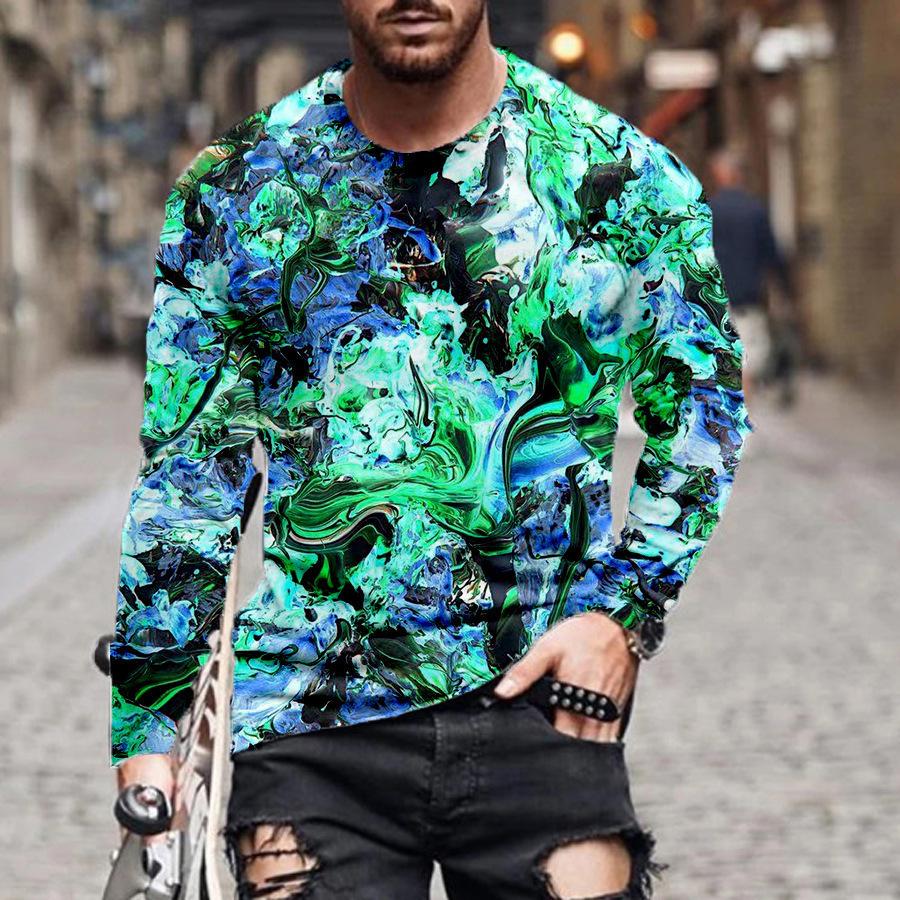 Spring and Autumn Round Neck 3D Artistic Printed T-shirts Fashionable Casual Long Sleeved Men's T-shirts