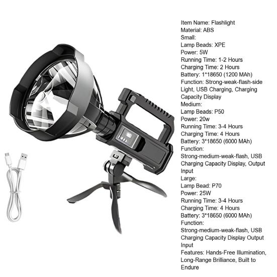 USB Rechargeable Searchlight High-Lumen Handheld Flashlight with Tripod Stand Waterproof Shockproof Outdoor Searchlight for Camping Hiking Emergency