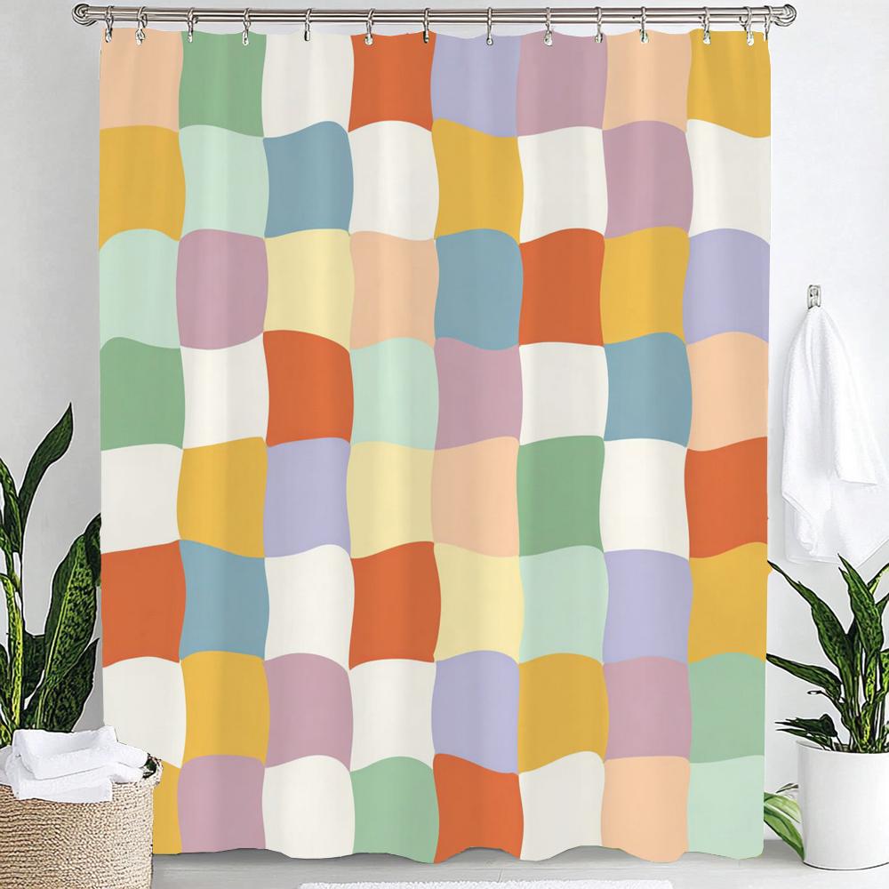 Modern Plaid Grid Print Waterproof Shower Curtain Bathroom Curtain,Hanging Curtain 12 Hooks Decoration Machine Washable