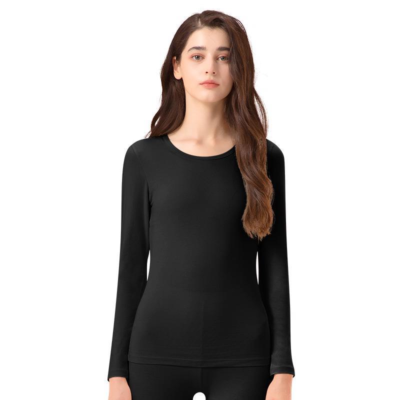 Women's Seamless Thermal Underwear Set - Antibacterial, High Elastic, Plus Velvet, Thin, Long Sleeve, Round Neck, Cotton Blend, Autumn.