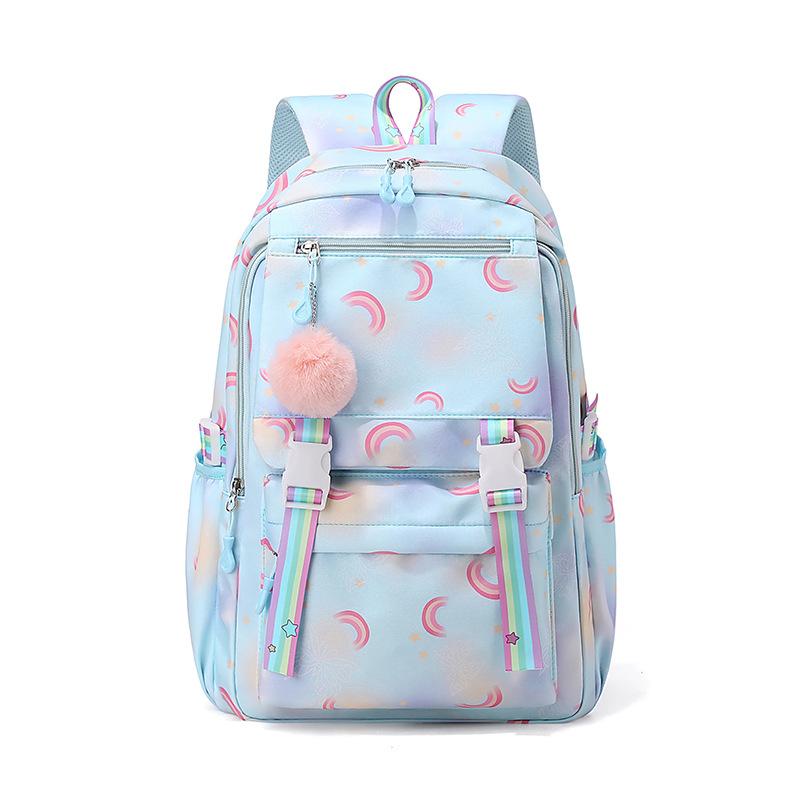 Kawaii Farbverlauf Sternenmuster Rucksack für Mädchen Schultasche mit Plüsch-Bommel Teenager Schüler Lässiger Tagesrucksack Reise Rucksack