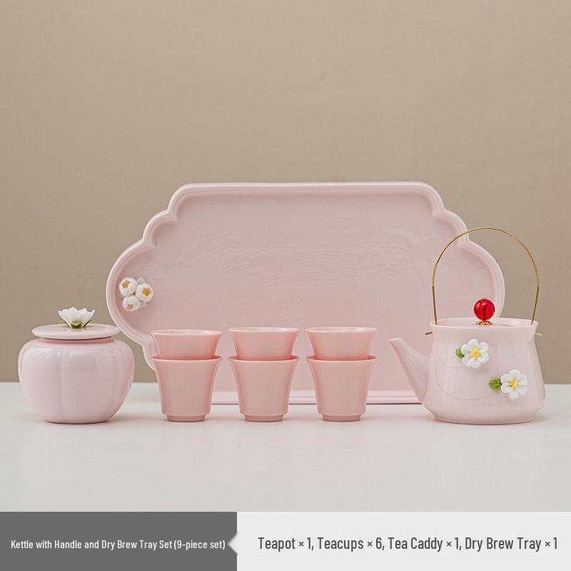 Women's Pink Ceramic Gongfu Tea Set with Teacup, Saucer, and Floral Handle Pot