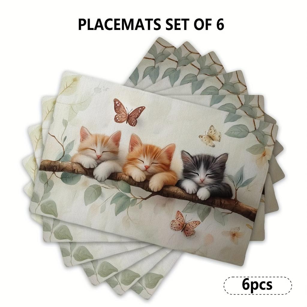 4/6 stuks Placemats voor Eettafel, Aquarel Tak Slapende Kat Tafelmatten, Antislip/Afneembaar Eettafelmat Set voor Feest Keuken Eetkamer