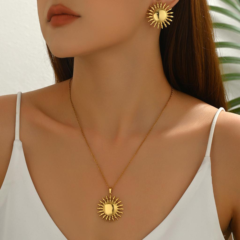 Ladies Flower Necklace Set, Personalized Metal Sunflower Design Pendant Chain Earrings Jewelry Women