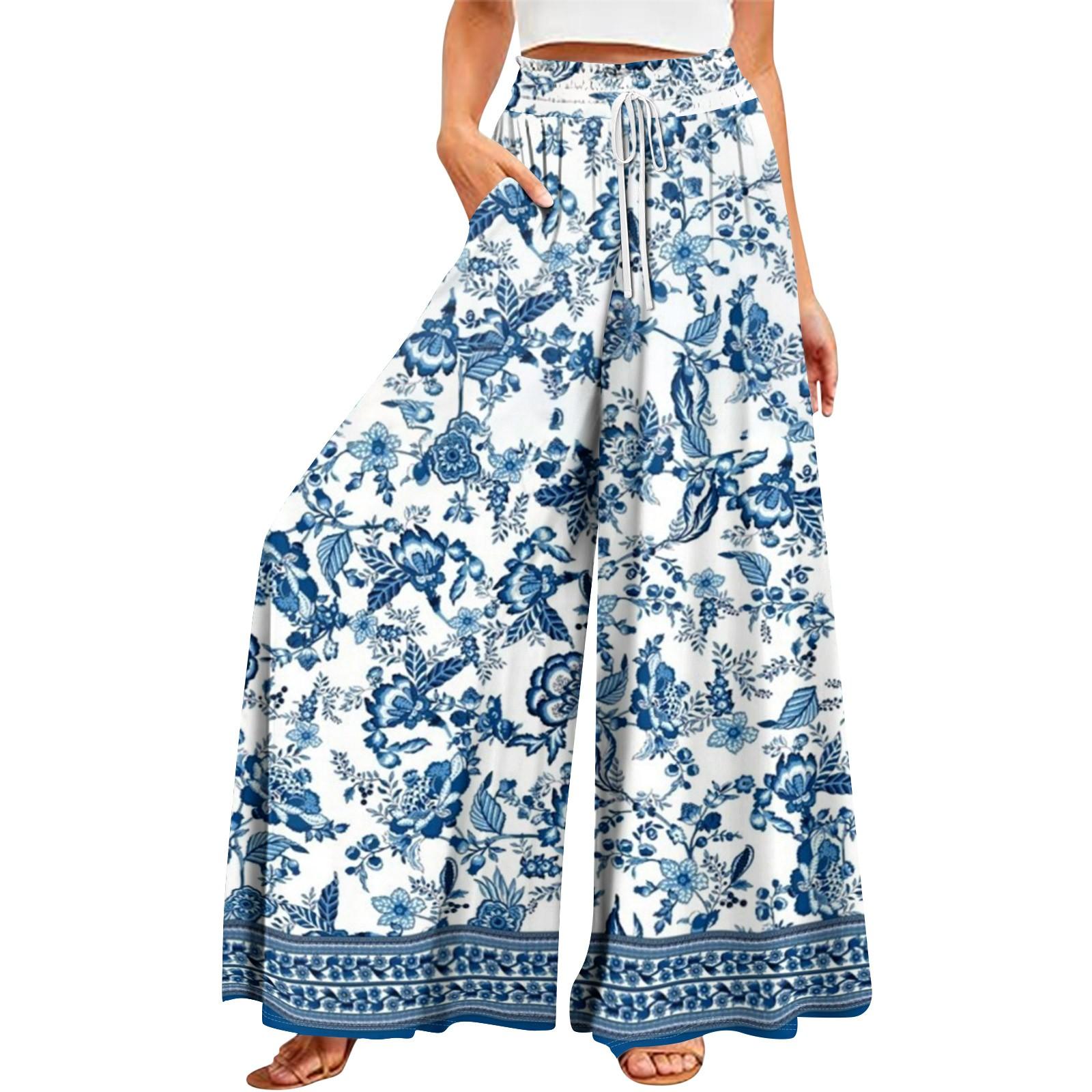 

Женские летние широкие брюки с высокой талией и струящимися карманами, модные повседневные повседневные пляжные брюки в богемном стиле с принтом M синий