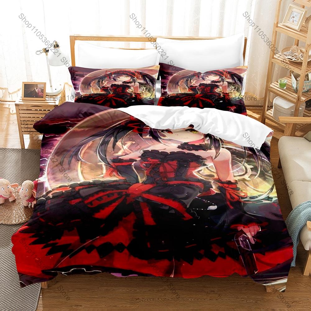 Cool Date A Live Kurumi Tokisaki Black Gothic Dress Spirit Form Bedding Set Duvet Cover + 2 Pillowcases Otaku Room Decor