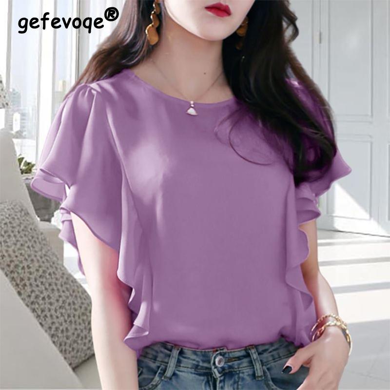 Summer Korean Style Ruffles Chiffon Shirt Ladies Short Sleeve Loose All-match Top Women Casual Fashion Blouse