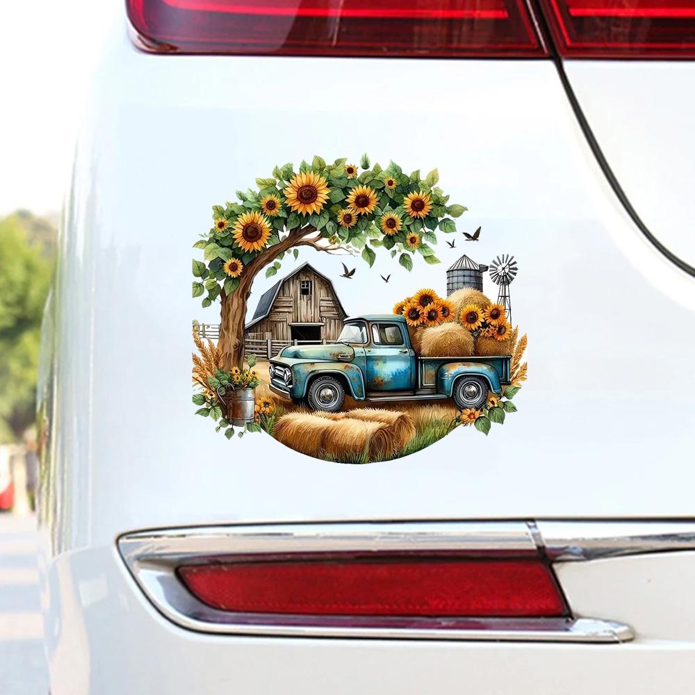 QT2474#15cm Large Sunflower Farm Truck Car Sticker, Suitable for Laptop, Car, Truck, Van, SUV, Motorcycle, Bumper, Window