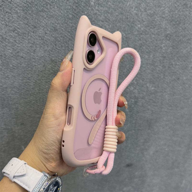 Cute Cat Ear Magsafe Case for iPhone 13 14 15 16 Pro Max 11 12 15 16 Plus Transparent PC TPU Armor Cover with Wrist Strap Chain