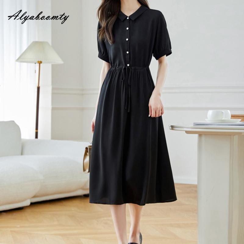 

Летнее женское черное платье-рубашка миди с отложным воротником и пуговицами на шнуровке, простое однотонное платье, офисное женское элегантное шифоновое платье трапециевидной формы S чёрный