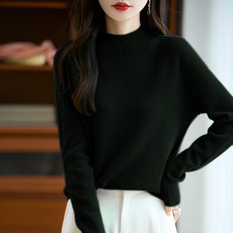 Women's Pure Color Wool Sweater - Half-High Collar, Loose Knit Pullover for Autumn/Winter