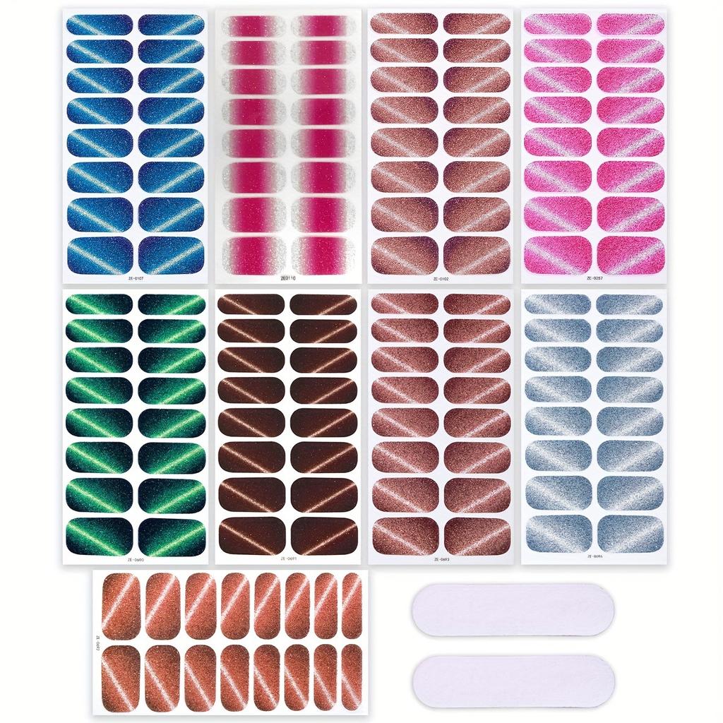 16Tips Cat Eye Nail Stickers, UV Semi-Cured Gel Nail Polish Strips Self-Adhesive Magnetic Cat Eye Effect Nail Art Wraps with Nail File