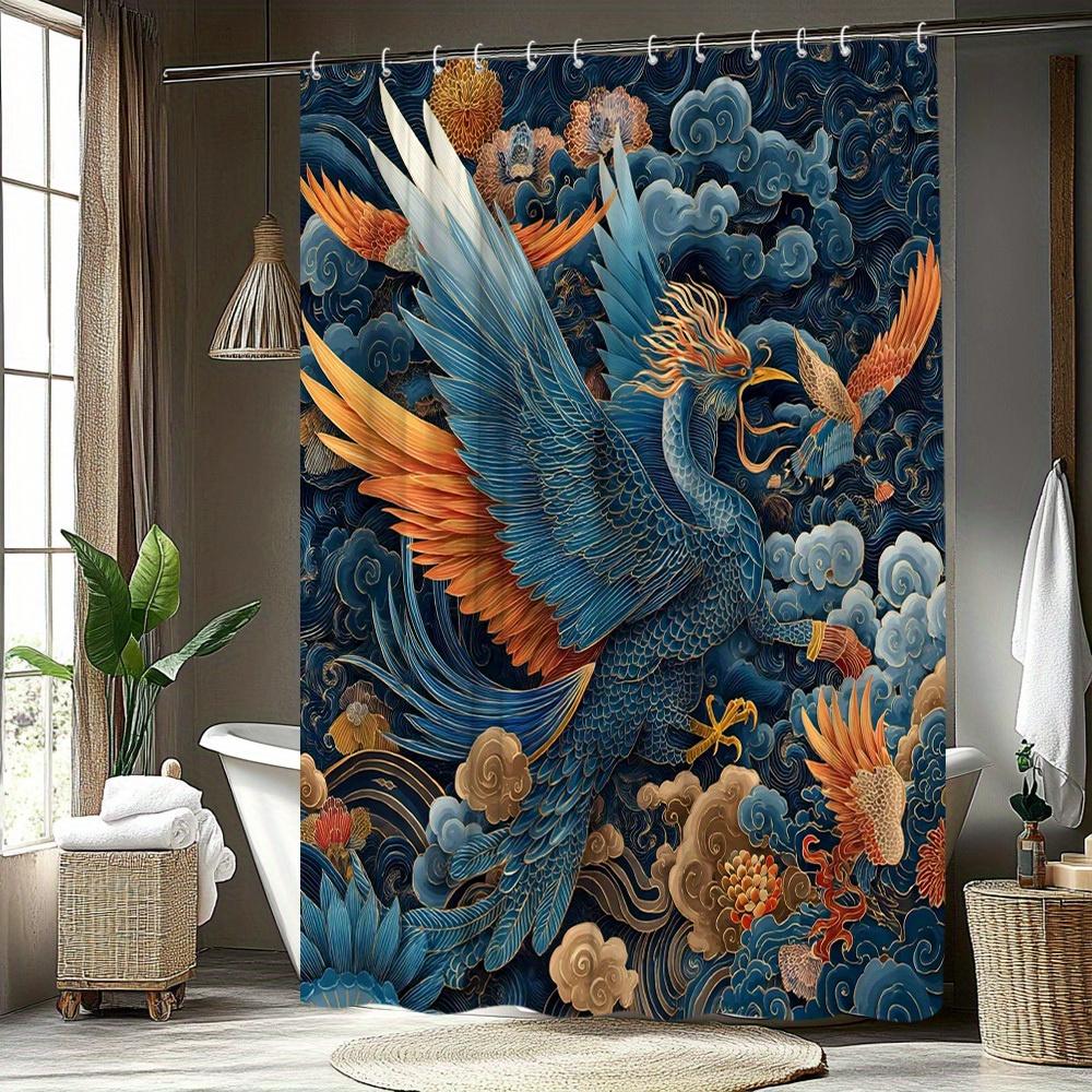 1pc Phoenix Shower Curtain Elegant Traditional Chinese Style Dynamic Design Bathroom Decor Polyester Fabric with 12 Hooks