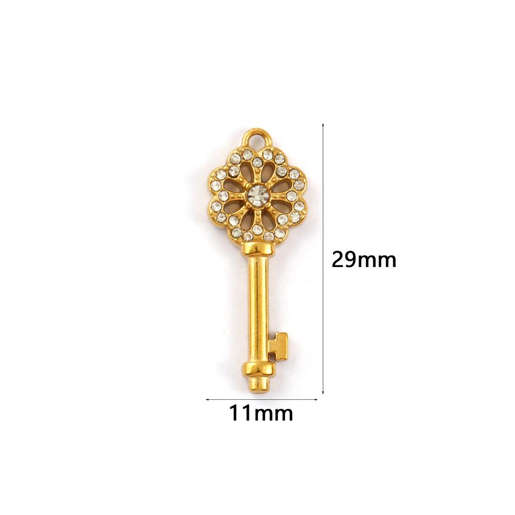 1 Piece 304 Stainless Steel Charms 18K Gold Plated Key Flower Hollow Clear Rhinestone Pendants for DIY Necklace 29mm x 11mm