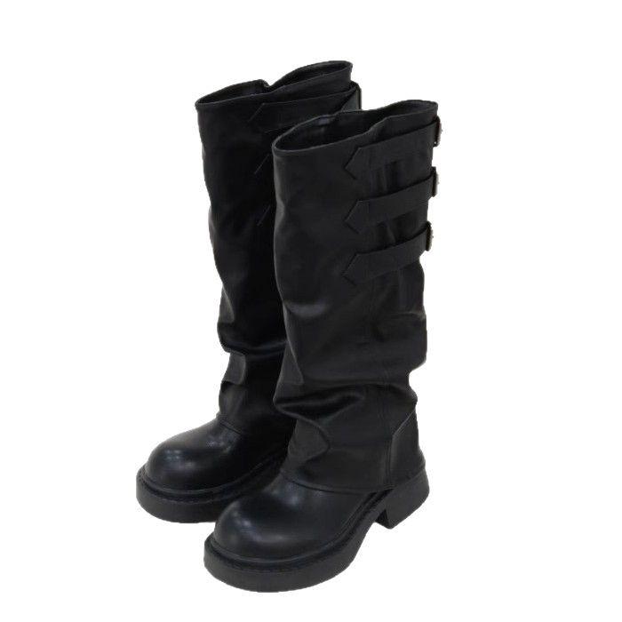 Retro pleated stacking boots women's 2025 spring new long western cowboy boots medium tube thick heel thick-soled Martin boots