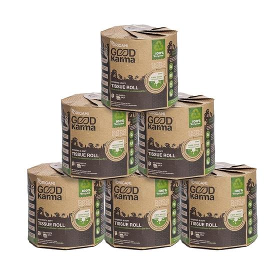 Origami Good Karma 3 Ply Eco-Friendly Unbleached Toilet Tissue Paper Roll - Pack of 6 (320 Pulls Per Roll, 1920 Sheets)