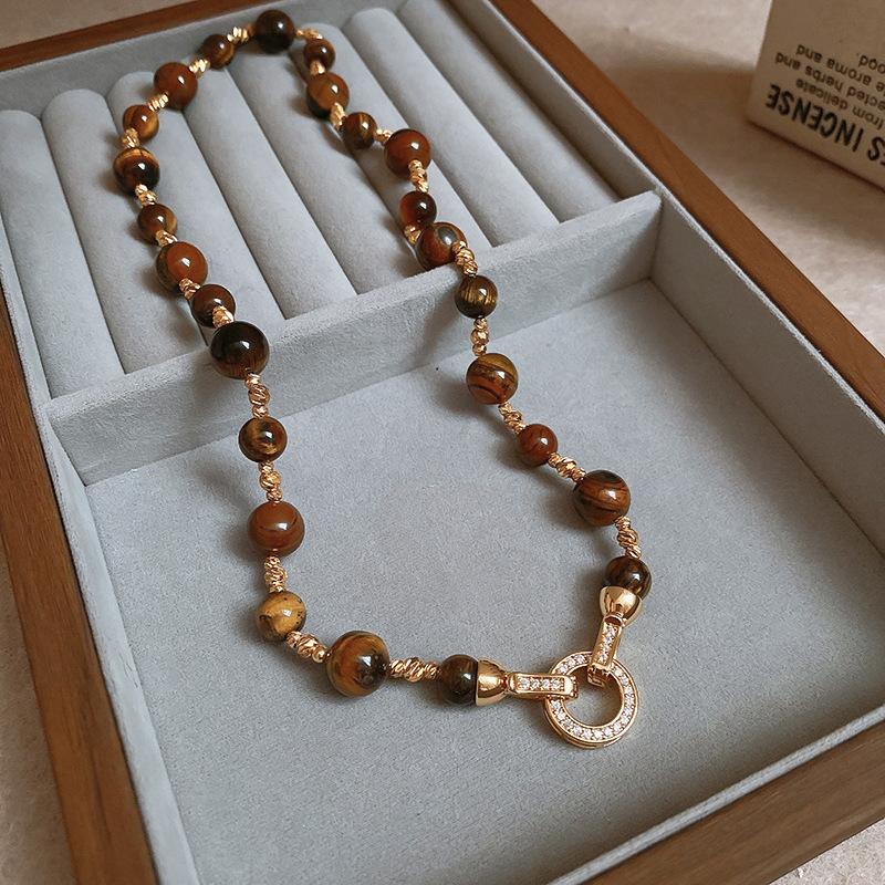 Autumn and winter retro flower round artificial tiger's eye stone necklace sweater chain light luxury sweater necklace