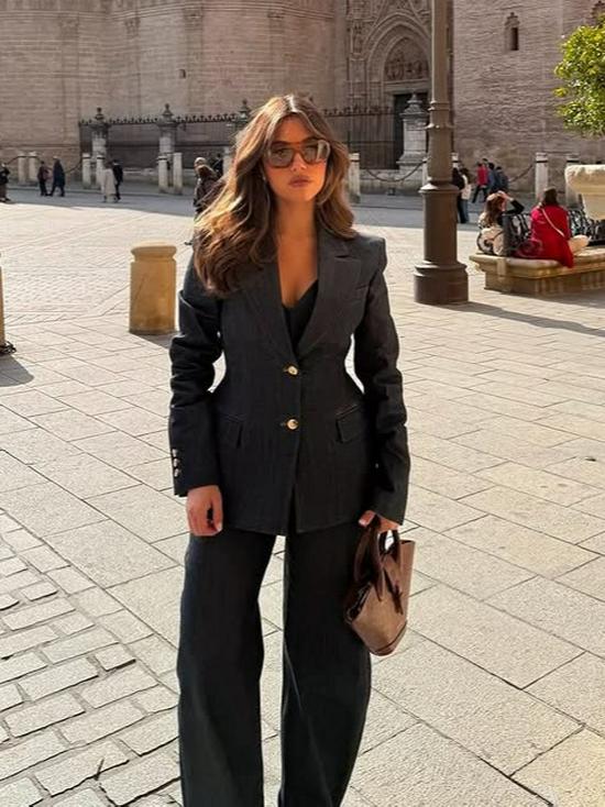 2025 Chic European & American Cross-Border Denim Suit: Elegant Lapel Waist-Cinching Slimming Three-Piece Set