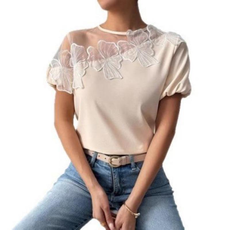 The New Women's Fashionable and Elegant Short-sleeved Shirt with Mesh Fabric Patchwork for Ladies