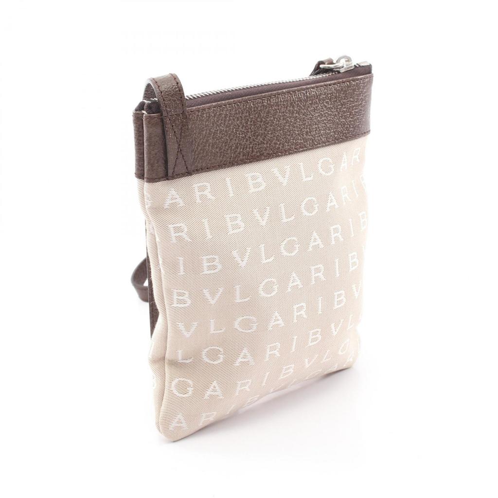 Used BVLGARI Logo Mania Shoulder Bag Canvas Leather Beige Brown Used Women