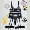 Luxury Black Flower Embroidery Lingerie 4PCS Sets Fancy Mesh Transparent Metal Buckle Bra Thong Garter Erotic Hot Hot Lingerie