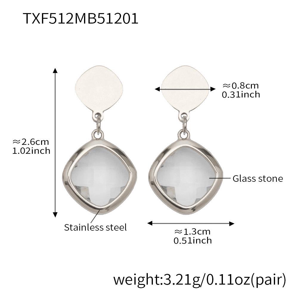 Stylish European & American Stainless Steel Jewelry Set with Square Faceted Glass Stones: Includes Bracelet, Necklace, and Earrings