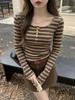 Women's Coffee Striped Button-Up T-Shirt: New Autumn/Winter, Low U-Neck, Slim-Fit, Brushed Fabric, Long-Sleeve.