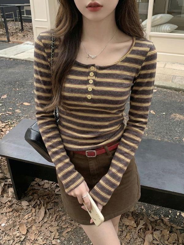 Women's Coffee Striped Button-Up T-Shirt: New Autumn/Winter, Low U-Neck, Slim-Fit, Brushed Fabric, Long-Sleeve.
