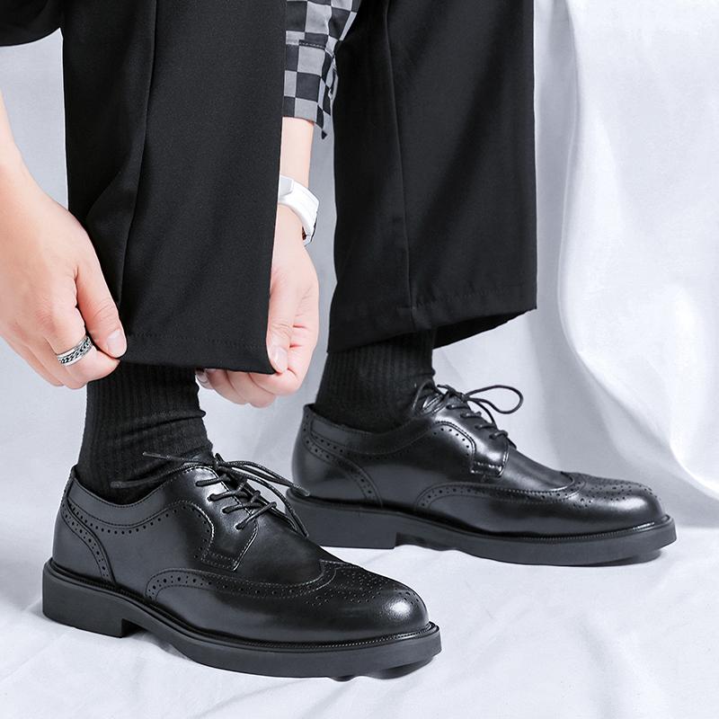 Fashionable Men's Classic Black Block Formal Work Leather Shoes Brand Men's Lace Up Comfortable Business Carved Leather Shoes