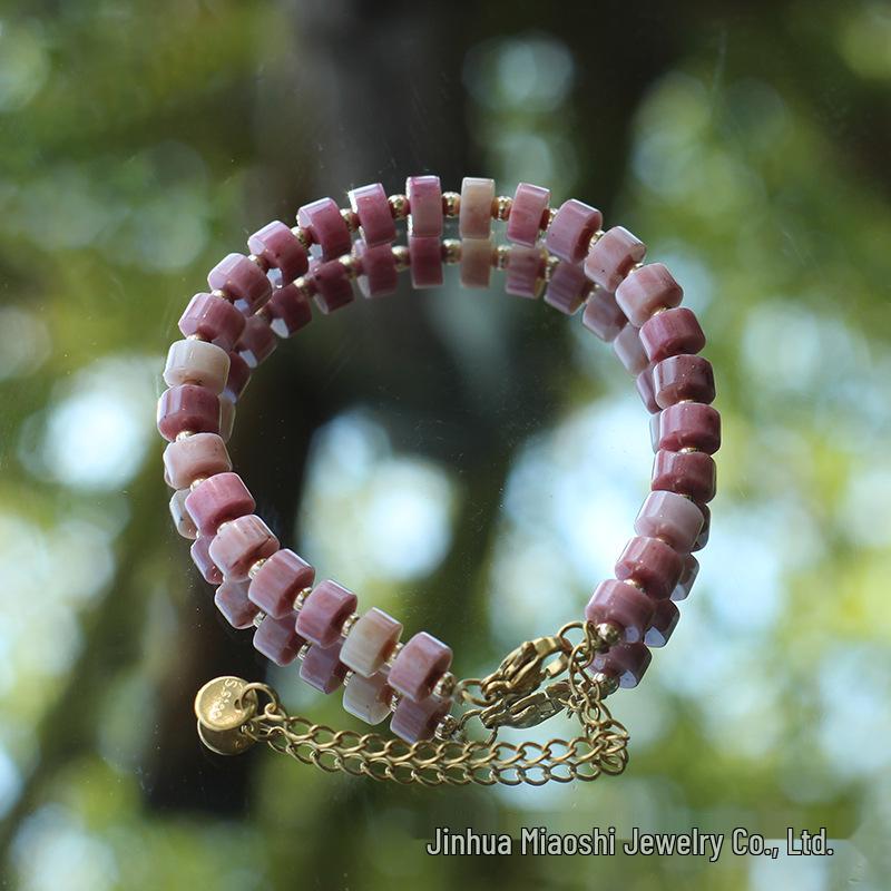 Damen Modeschmuck Armband: Rote Holzmaserung mit Naturstein-Kristall & Edelstahl-Hummerverschluss