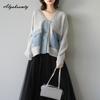 Korean Fashion Autumn Winter Women Patchwork Knitting Coat V Neck Denim Knitted Jacket Stylish Casual Loose Contrast Color Outerwear