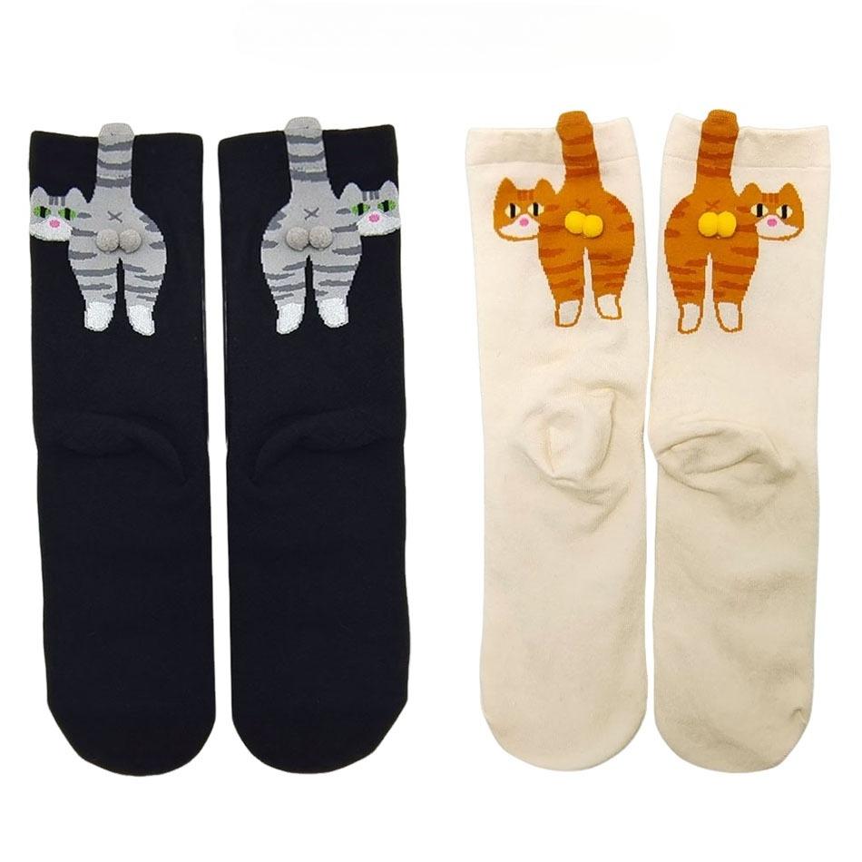 2 Perechi Cadou pentru Iubitorii de Pisici: Șosete de bumbac pentru damă cu pisică de desene animate, șosete respirabile și confortabile pentru toate anotimpurile