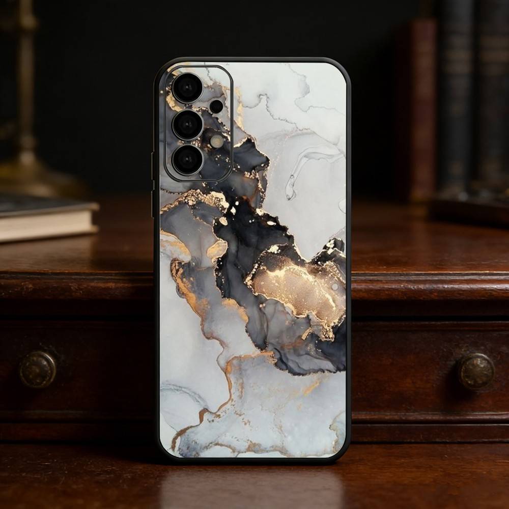 Watercolor Marble Silver Plated Inside Phone Case For Samsung S25,S24,S21,S22,S23,S30,Ultra,S20,Plus,Fe,Lite Black Shell