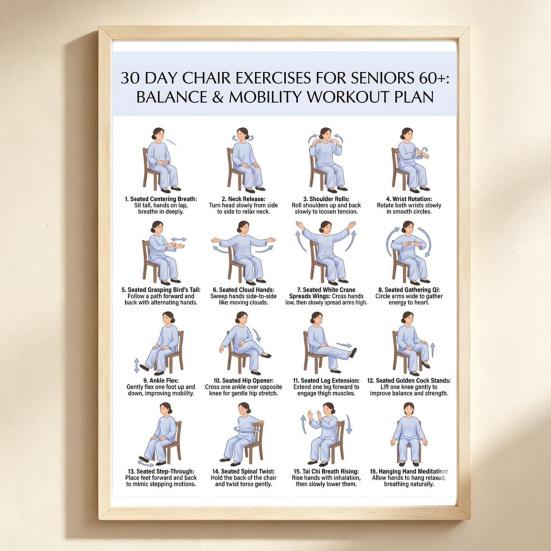2Pcs Chair Exercise for Seniors 30-Day Plan Poster Seated Tai Chi Workout Chart for Elderly Low Impact Mobility Fitness