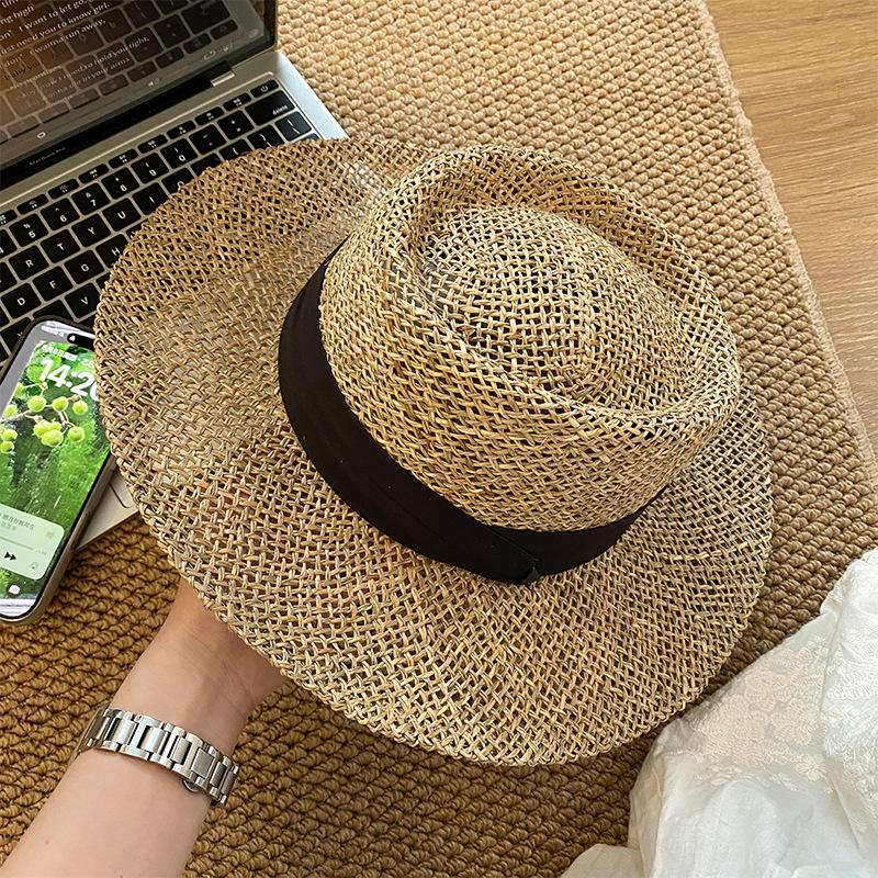 

French Riviera Straw Boater Hat - Laser Cut Floral Vintage Cloche, Wide Brim Resort Hat for Yacht Club & Summer Beach M 56-58cm